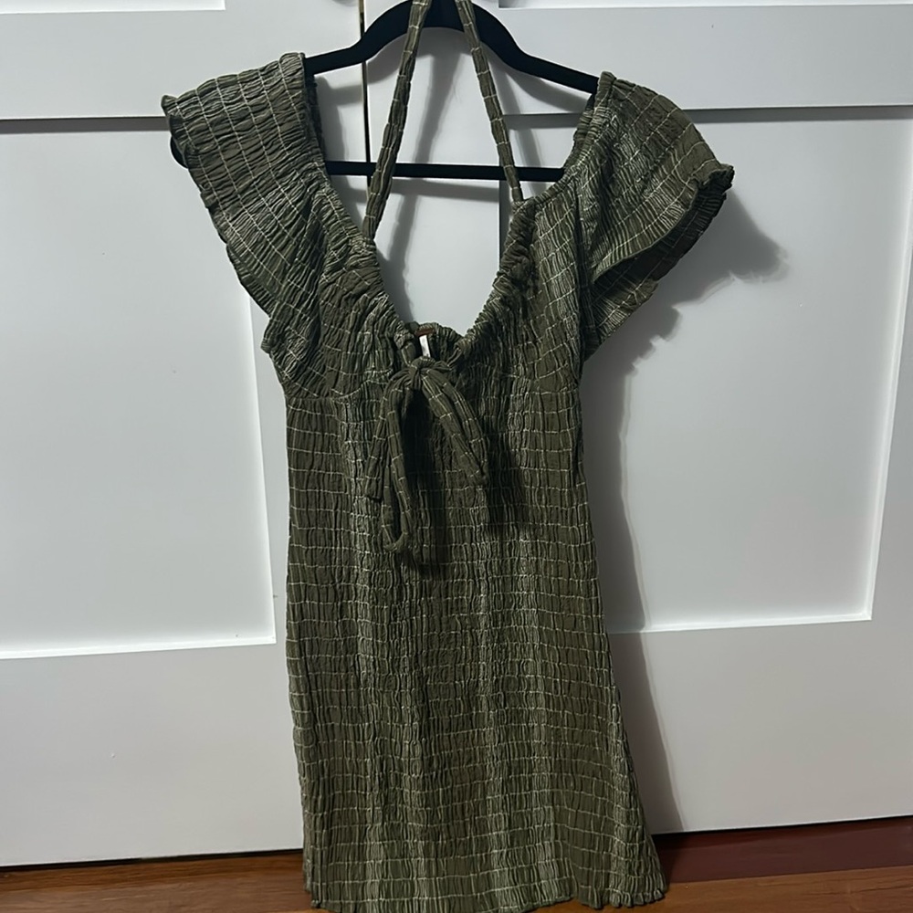 Free people green plaid smocked bodycon mini dress